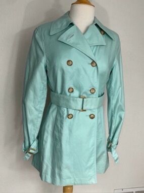 Vintage Y2K Petite Sophisticate Women Tiffany Blue Belted Classic Trench Coat SP